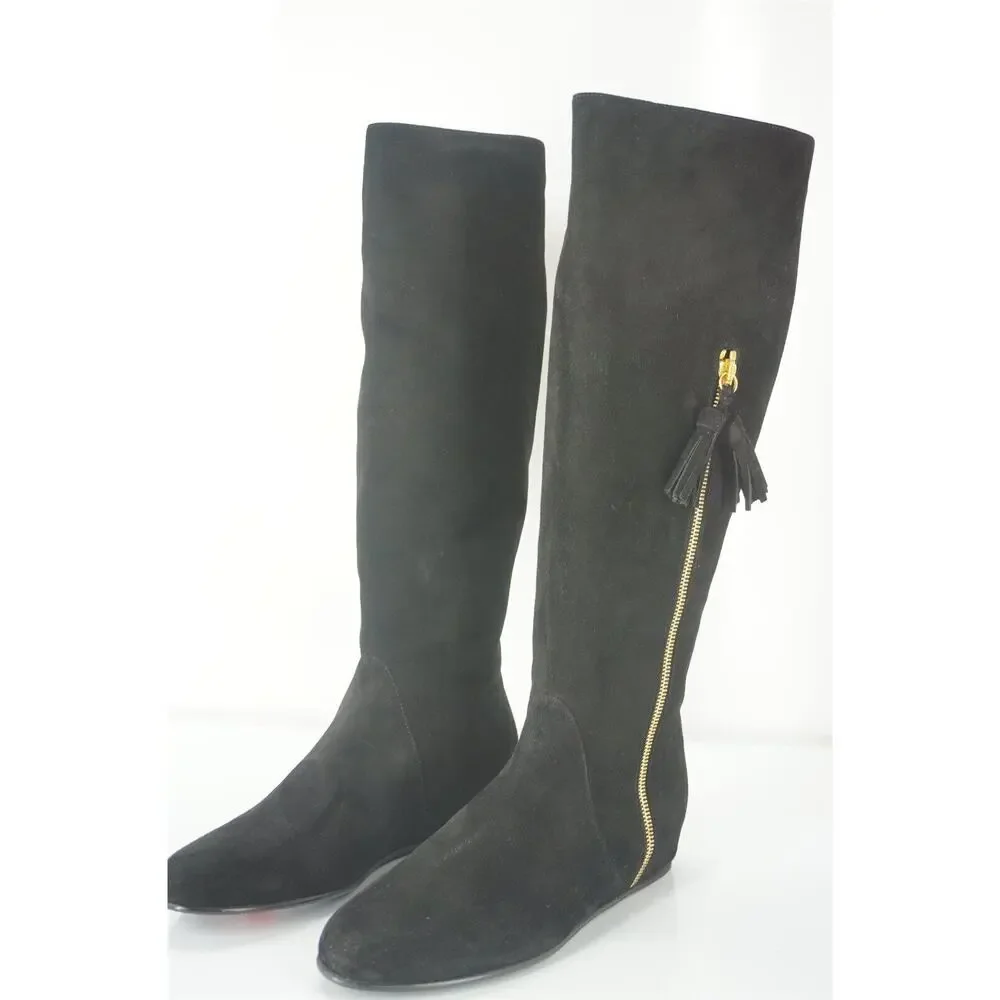 Stuart Weitzman Tass black suede wedge Tall boots size 6.5 New $635 gold zip